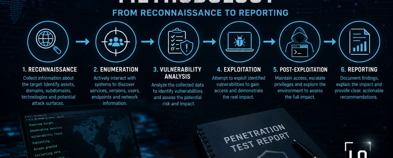 Penetration testing methodology infographic showing reconnaissance enumeration exploitation and reporting phases